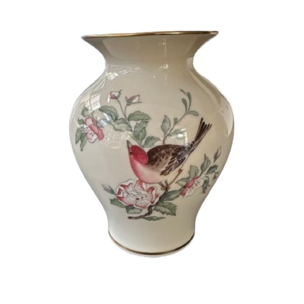 Lenox Serenade Medium Vase white, pink & green birds flowers vintage collectible